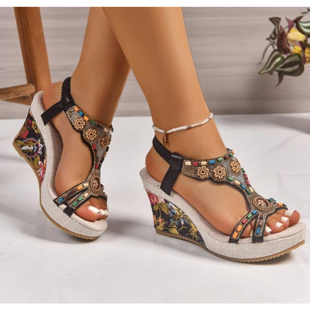 Leather Work Heels - Kadın Deri Yaz Modası Dolgu Topuklu