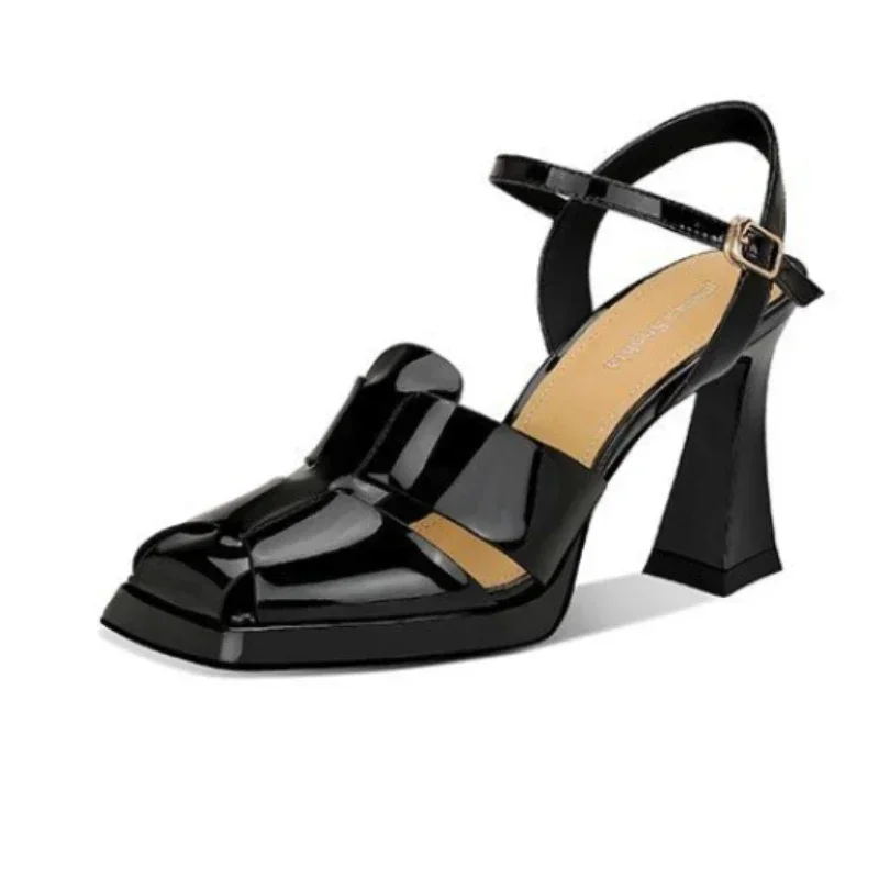 Leather Work Heels - Kadın Yüksek Topuklu Sandalet Moda Rugan